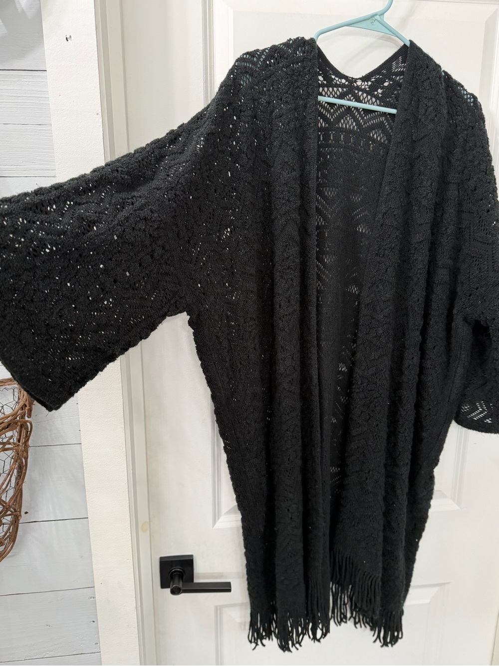Women’s Black Open-Knit Fringe Sweater Cardigan